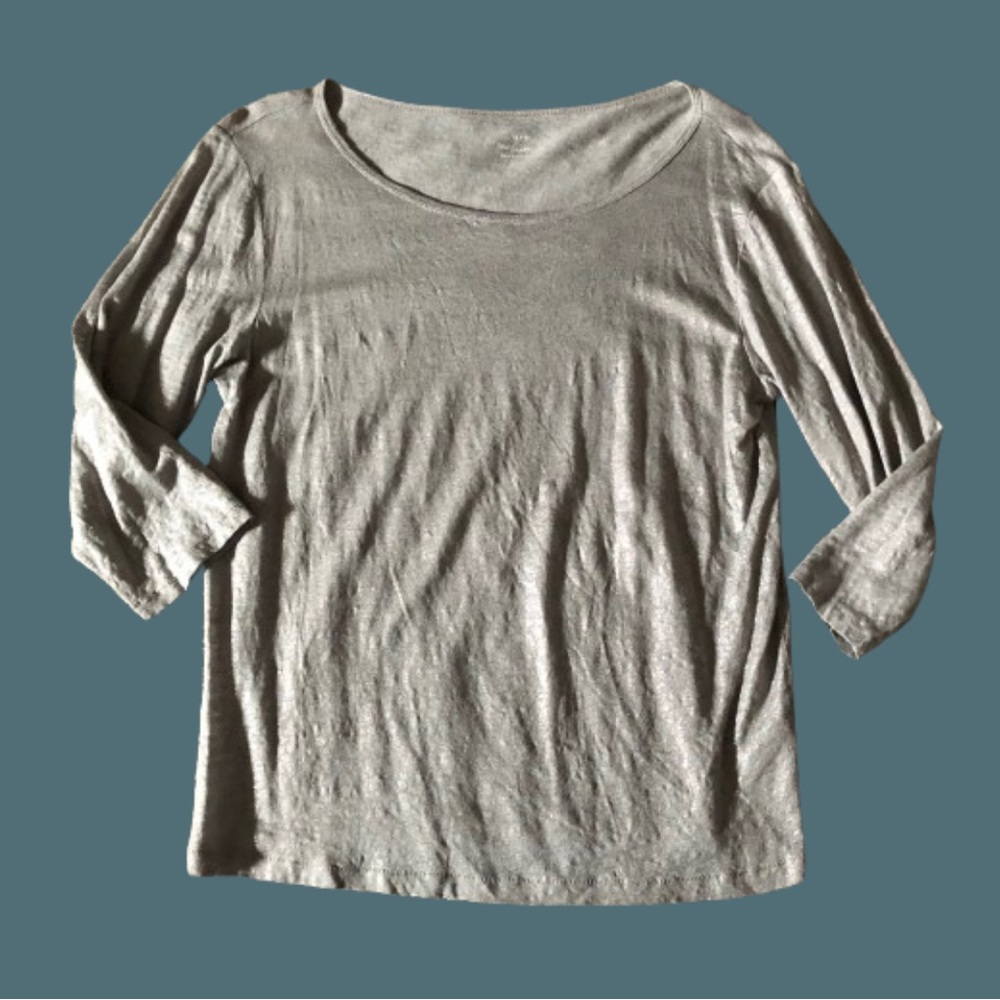 J. Crew womens 100% linen shimmery ballet neck top 3/4 sleeves sz L